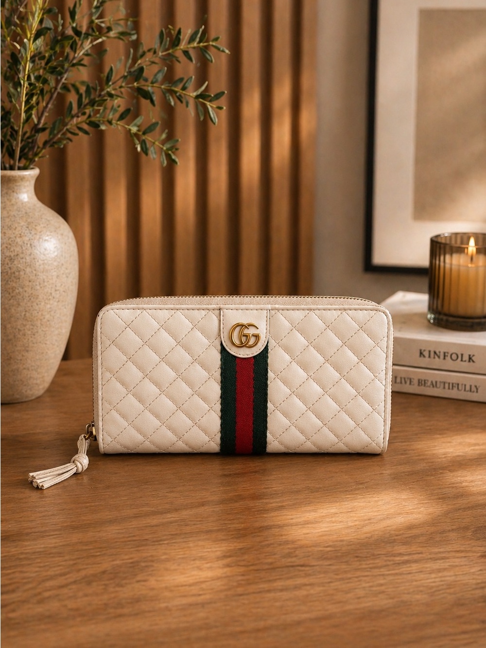 GUCCI Calfskin Web Trapuntata GG Zip Around Wallet in White